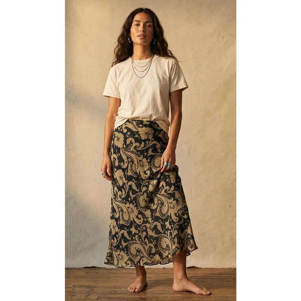 Vintage RJ Collection 100% Silk Paisley Blue & Tan Lined Midi-Maxi Skirt Medium